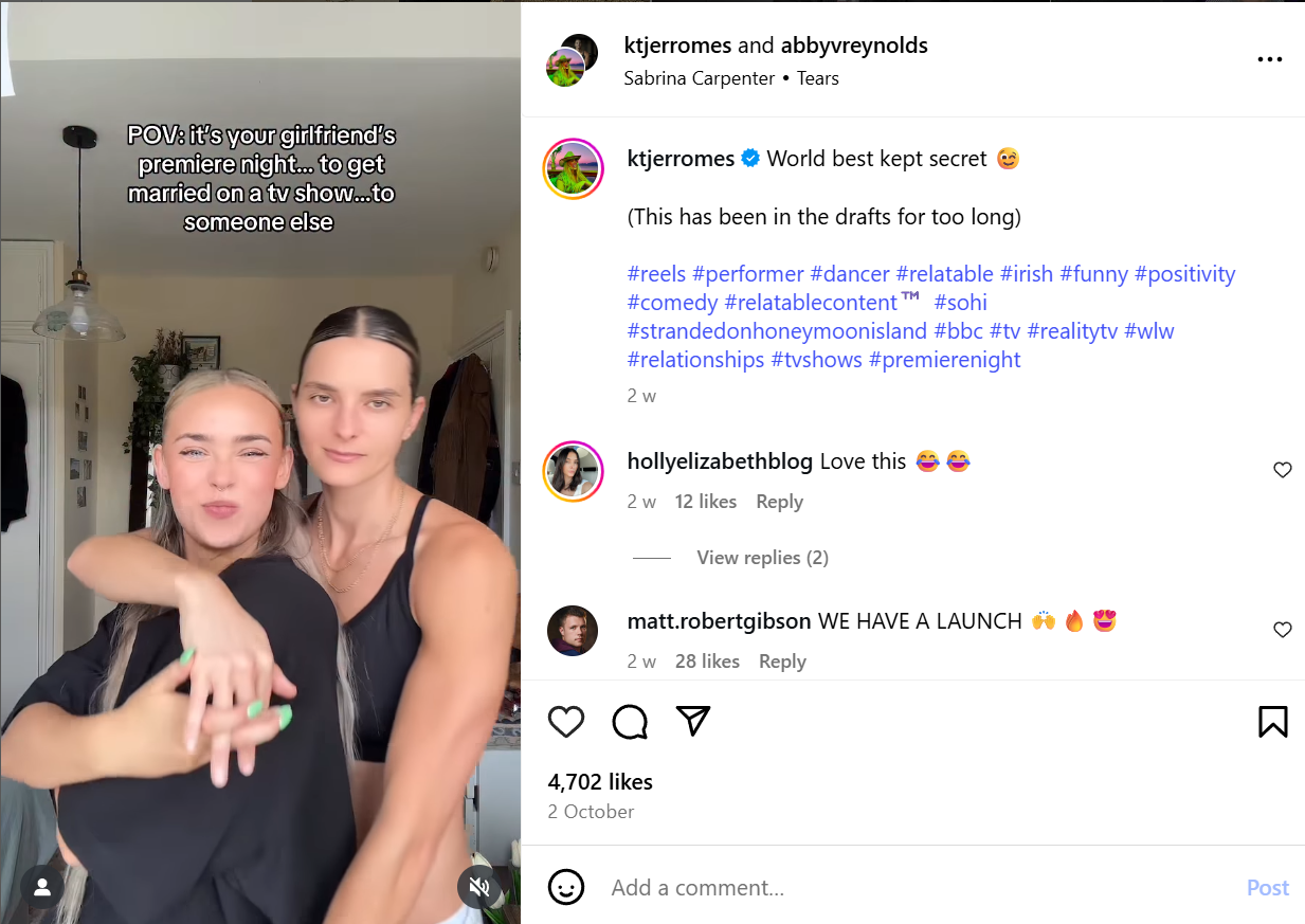 Screenshot of Abby Reynolds' Instagram post