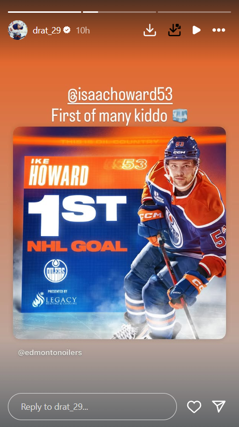 Isaac Howard’s first NHL goal earns praise from Leon Draisaitl (Image via: Instagram) Isaac Howard