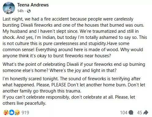A woman shared her harrowing experience of when her house catching fire from Diwali fireworks. A woman shared her harrowing experience of when her house catching fire from Diwali fireworks.
