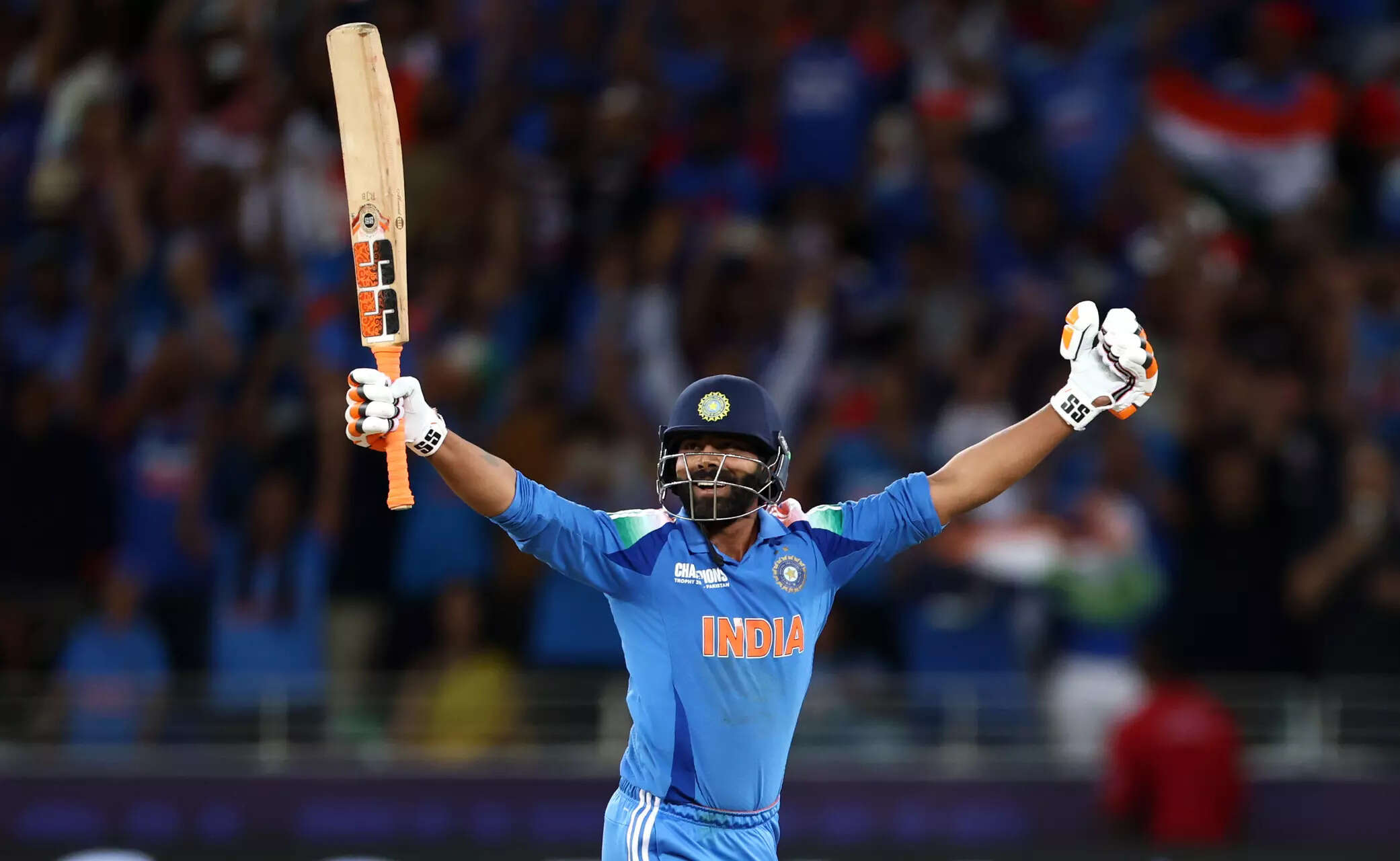 DUBAI, UNITED ARAB EMIRATES - MARCH 09: Ravindra Jadeja of India celebrates following the team's victory in the ICC Champions Trophy 2025 Final between India and New Zealand at Dubai International Stadium on March 09, 2025 in Dubai, United Arab Emirates. (Photo by Francois Nel/Getty Images) India v New Zealand: Final - ICC Champions Trophy 2025