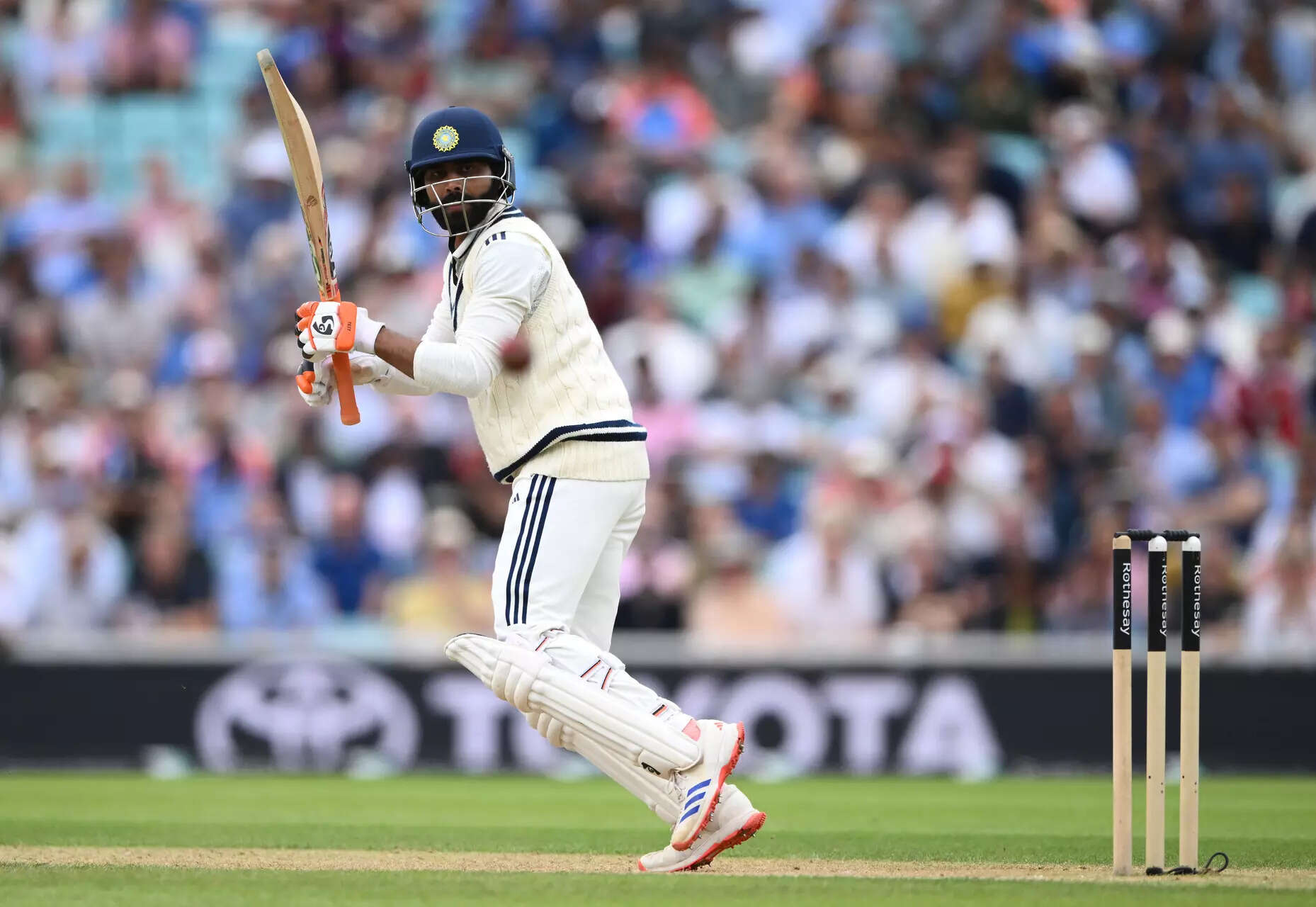 LONDON, ENGLAND - AUGUST 02: India batsman Ravindra Jadeja in batting action during day three of the Fifth Test Match between England and India at The Kia Oval on August 02, 2025 in London, England. (Photo by Stu Forster/Getty Images) England v India - 5th Rothesay Test Match: Day Three