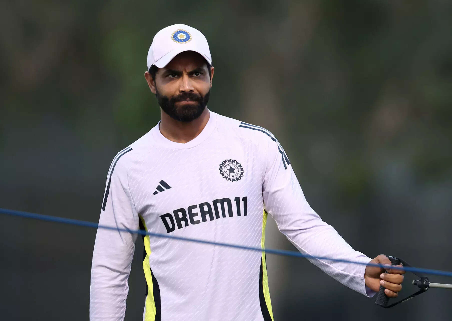 DUBAI, UNITED ARAB EMIRATES - MARCH 07: Ravindra Jadeja of India warms up during a India Nets Session at ICC Academy on March 07, 2025 in Dubai, United Arab Emirates. (Photo by Francois Nel/Getty Images) Net Sessions - ICC Champions Trophy 2025
