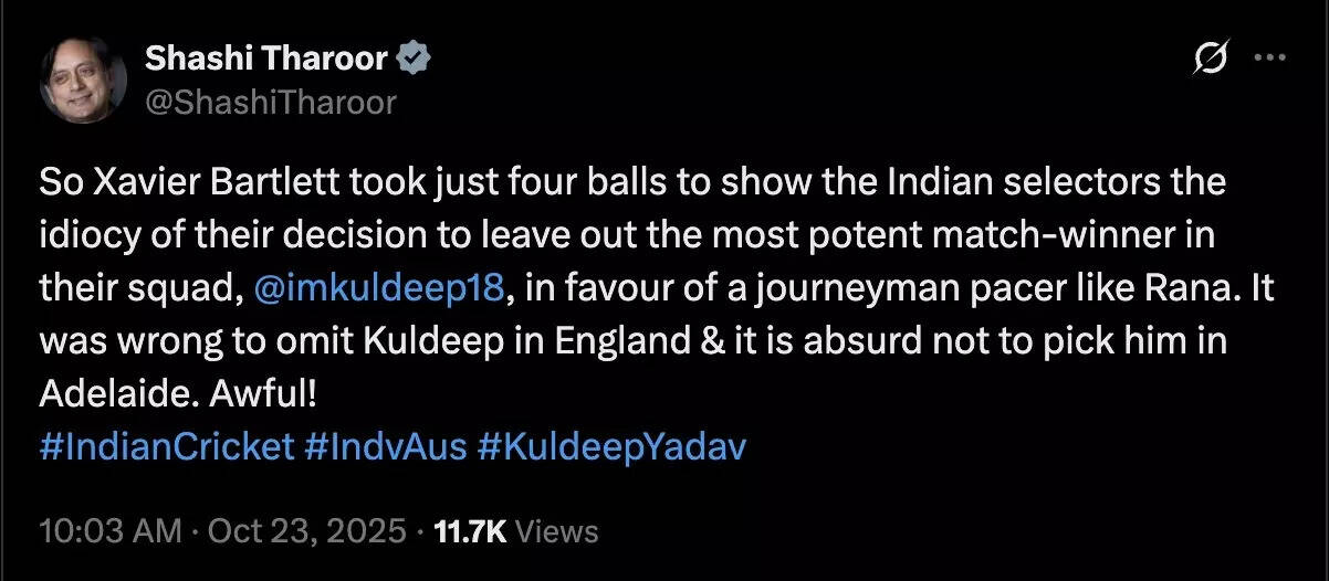 भारत और ऑस्ट्रेलिया के बीच दूसरे वनडे के लिए कुलदीप यादव को नहीं चुनने पर शशि थरूर ने भारतीय चयनकर्ताओं पर सवाल उठाया। (छवि: एक्स) शशि थरूर