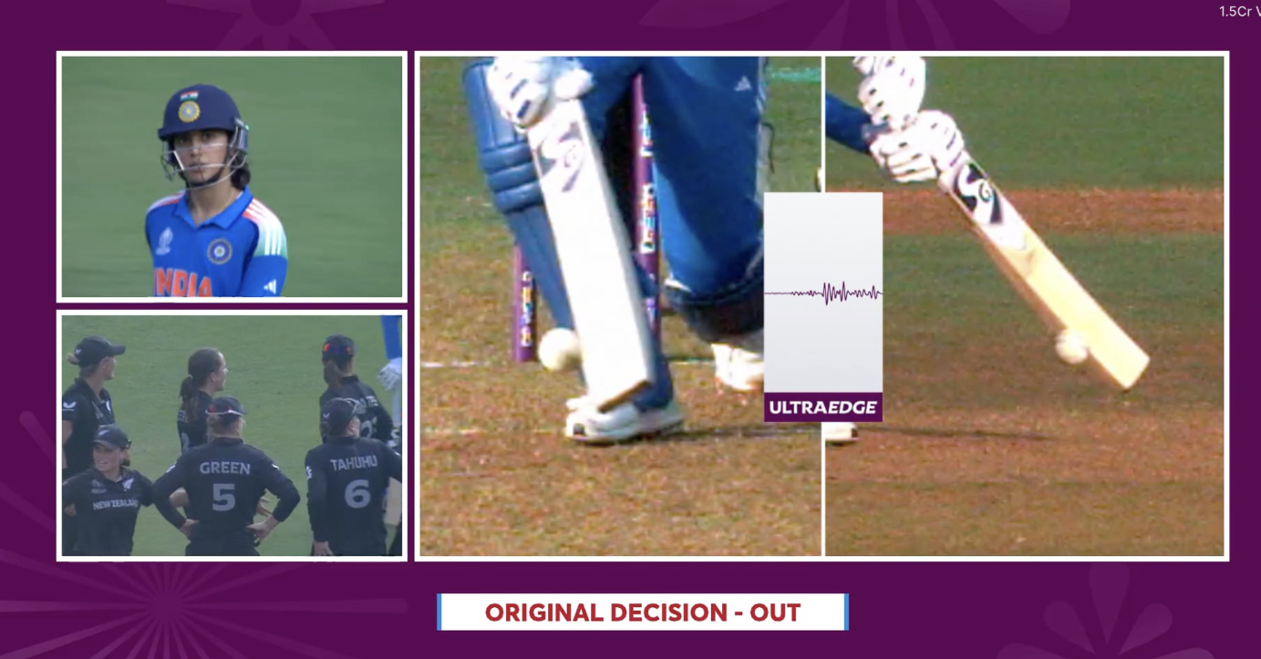 Smriti Mandhana started walking back after the umpire raised her finger, signaling OUT (Screengrab) Screenshot 2025-10-23 190330