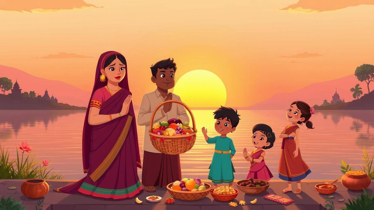 A family offers prayers to the setting sun by a river, filled with fruits and flowers, embodying devotion and joy. Chhath Puja Riverbank Devotion