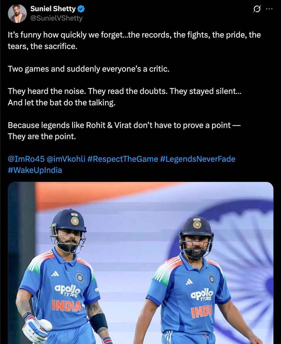 ऑस्ट्रेलिया के खिलाफ तीसरे वनडे में क्रमश: शतक और अर्धशतक के बाद रोहित शर्मा और विराट कोहली पर सुनील शेट्टी की पोस्ट। (छवि: एक्स) सुनील-शेट्टी