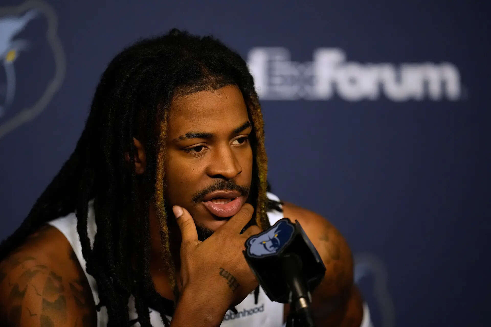 Memphis Grizzlies guard Ja Morant speaks during a news conference at the NBA basketball team's media day Monday, Sept. 29, 2025, in Memphis, Tenn. (AP Photo/George Walker IV) 2-time All-Star Ja Morant going into a big season for himself and the Grizzlies