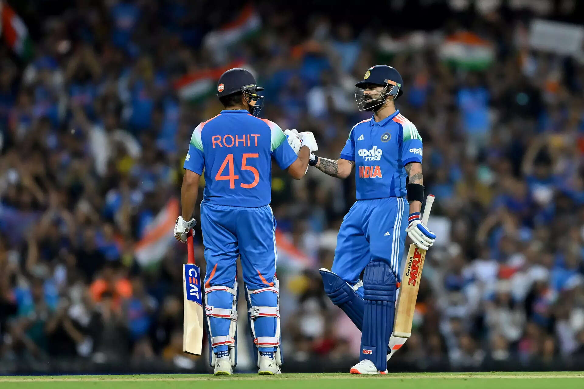 SYDNEY, AUSTRALIA - OCTOBER 25: Virat Kohli and Rohit Sharma of India talk during game three of the One Day International series between Australia and India at Sydney Cricket Ground on October 25, 2025 in Sydney, Australia. (Photo by Ayush Kumar/Getty Images) Australia v India - ODI Series: Game 3