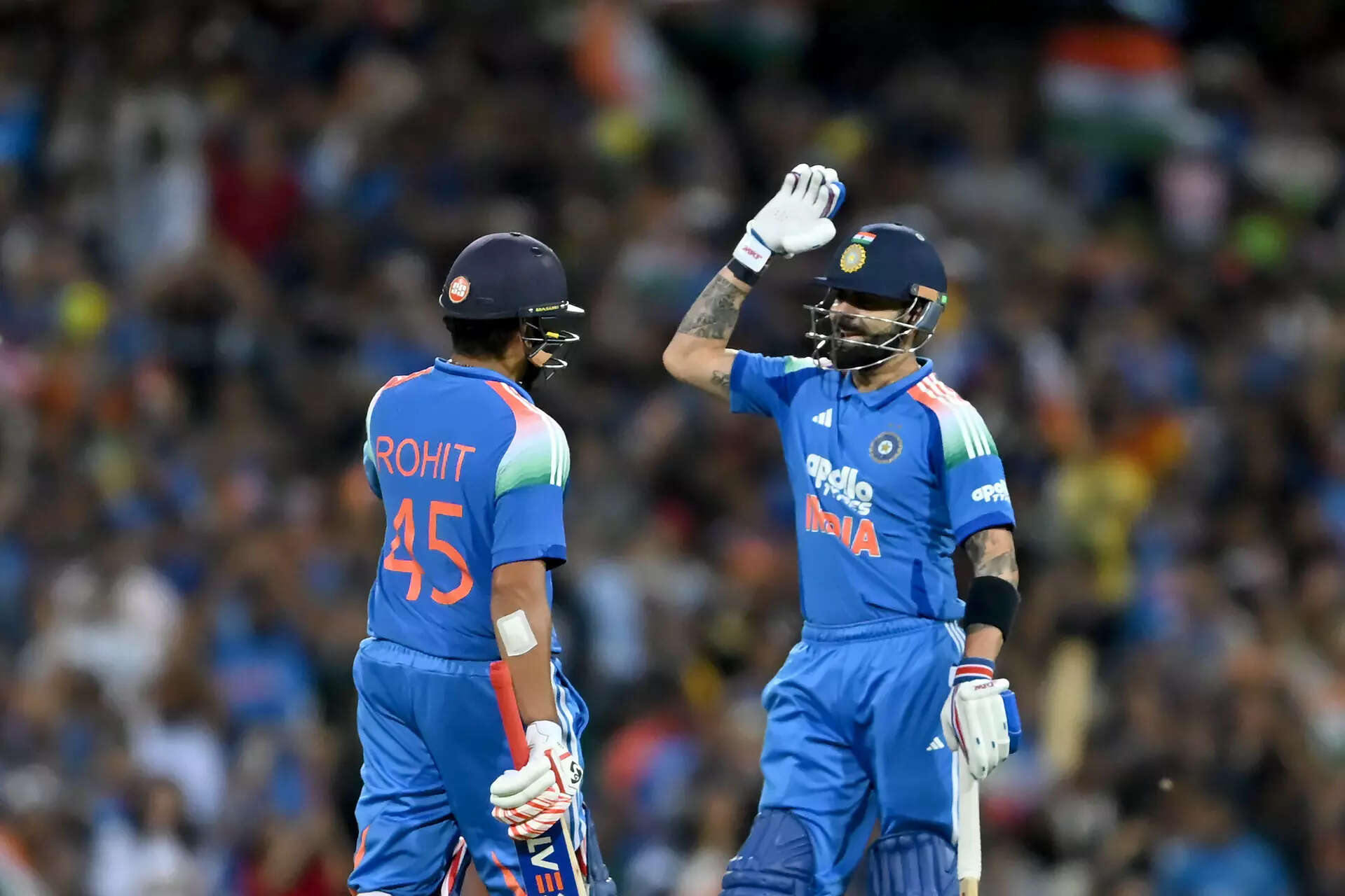 SYDNEY, AUSTRALIA - OCTOBER 25: Rohit Sharma of India is congratulated by teammate Virat Kohli after completing a century (100 runs) during game three of the One Day International series between Australia and India at Sydney Cricket Ground on October 25, 2025 in Sydney, Australia. (Photo by Ayush Kumar/Getty Images) Australia v India - ODI Series: Game 3