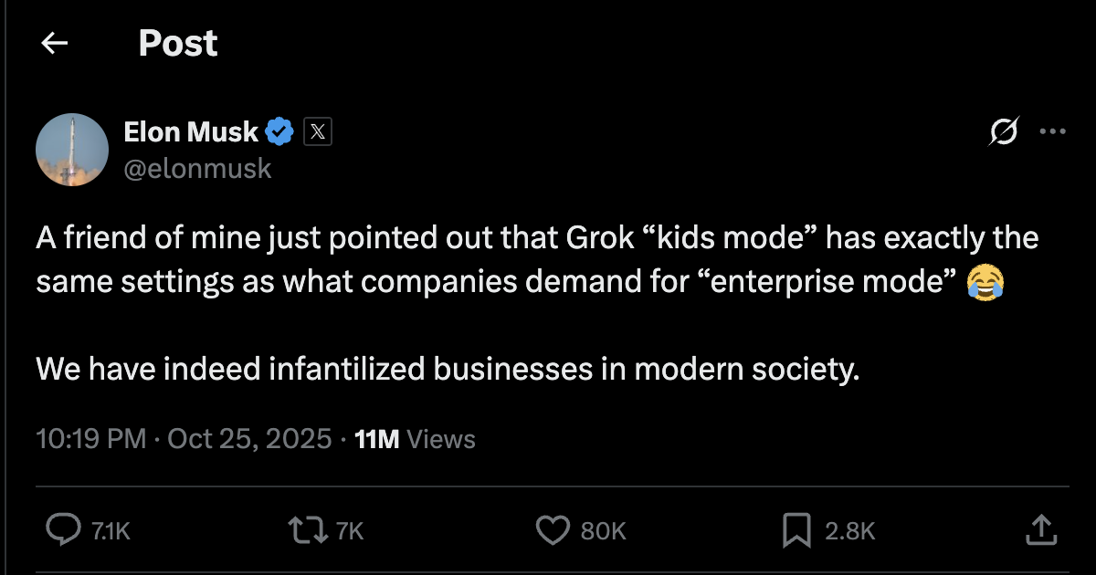 Elon Musk's post on Grok kids mode