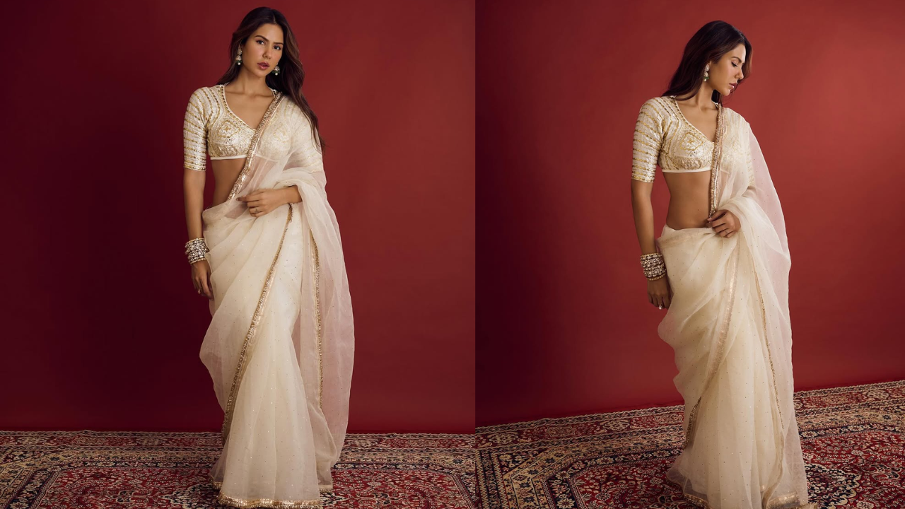 (Image Credits: Instagram) Sonam Bajwa channels a classic white saree