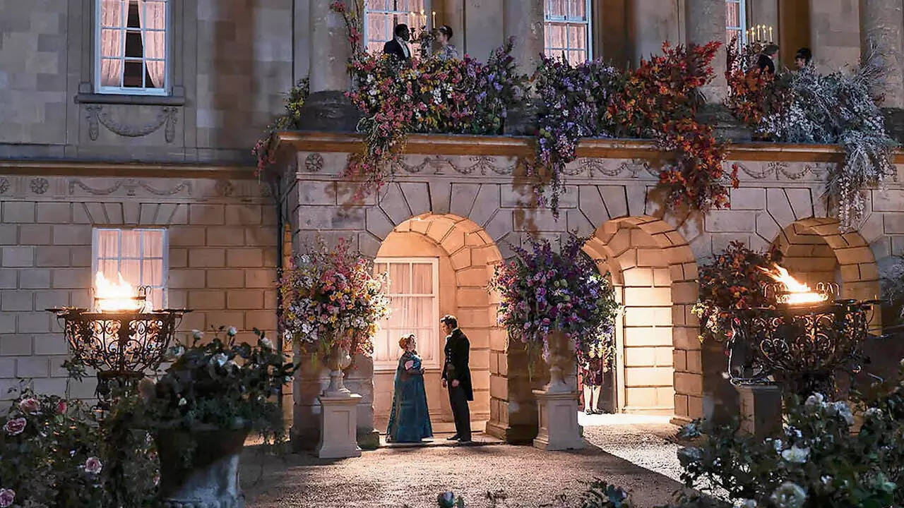 A scene from Bridgerton featuring the Holburne Museum in Bath, which serves as the exterior of Lady Danbury’s house in the series