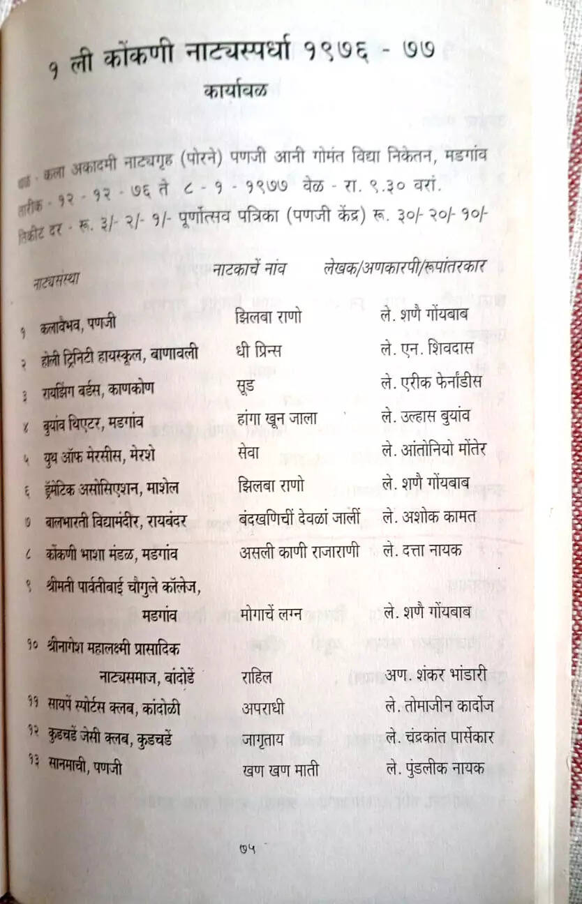 Konkani drama competition schedule of 1976-77
