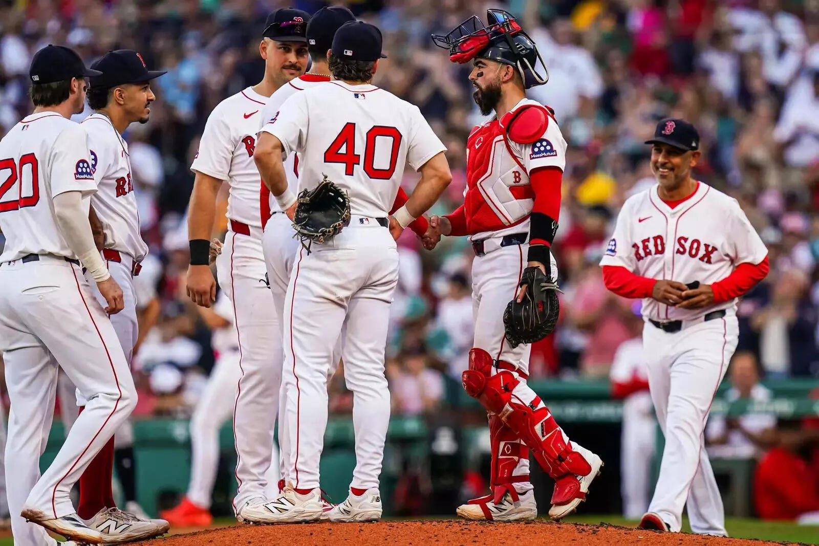 Boston Red pitcher Jose De Leon (78) is relieved as they take on the Detroit Tigers in the seventh inning