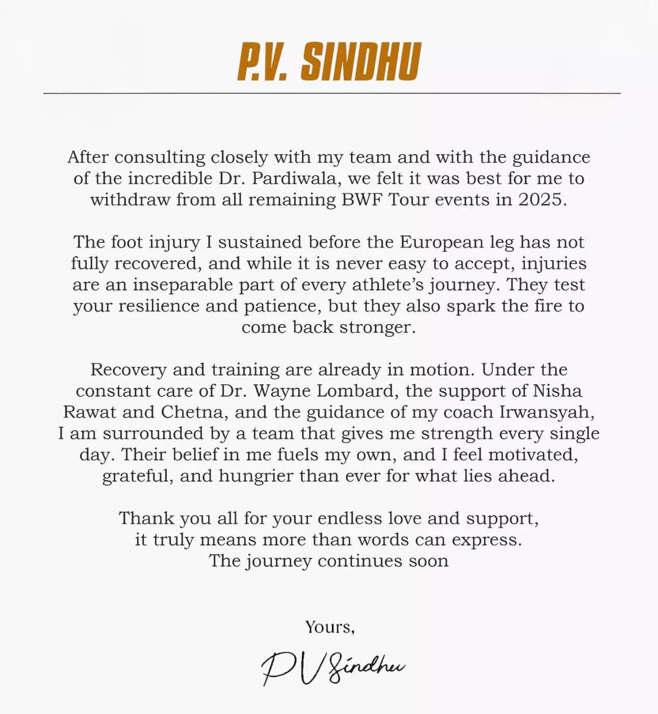 PV Sindhu statement