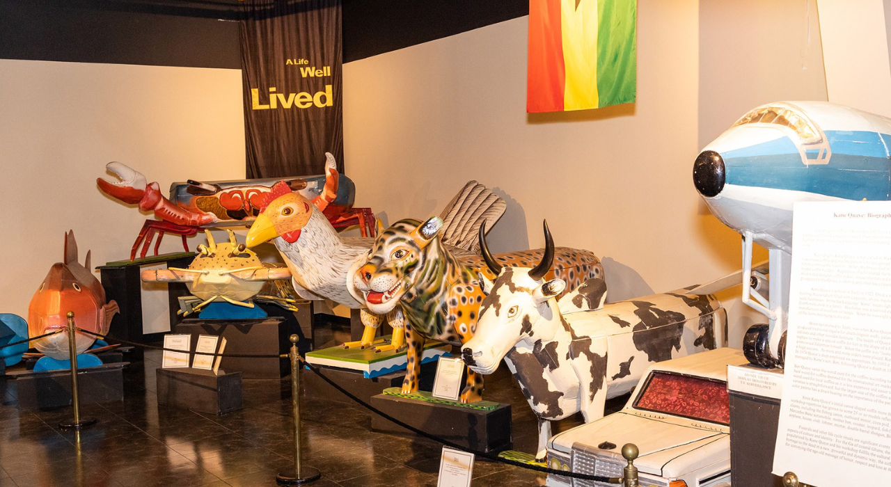 Wooden coffins crafted by Ghanaian sculptor Seth Kane Kwei (also known as Kane Quaye) in his hometown of Accra, West Africa, on display at the National Museum of Funeral History in Houston, Texas. Fantasy Coffins