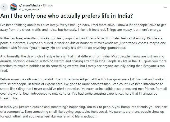 A Redditor posted about how life is better in India than in the US. A Redditor posted about how life is better in India than in the US.