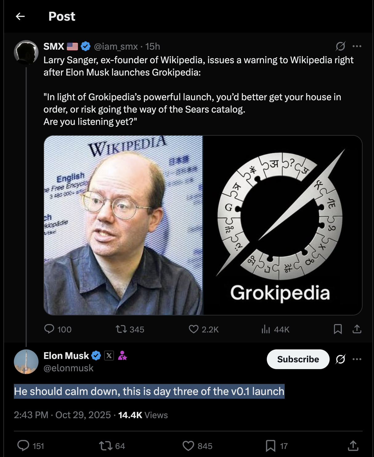 Elon Musk replies to Wikipedia founder's Grokipedia warning