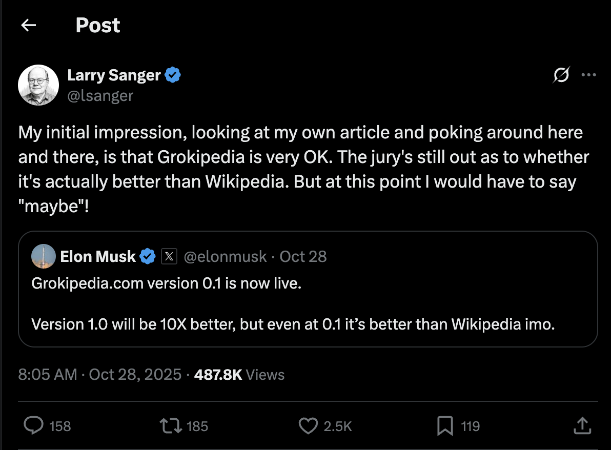 Wikipedia founder's initial impression of Grokipedia