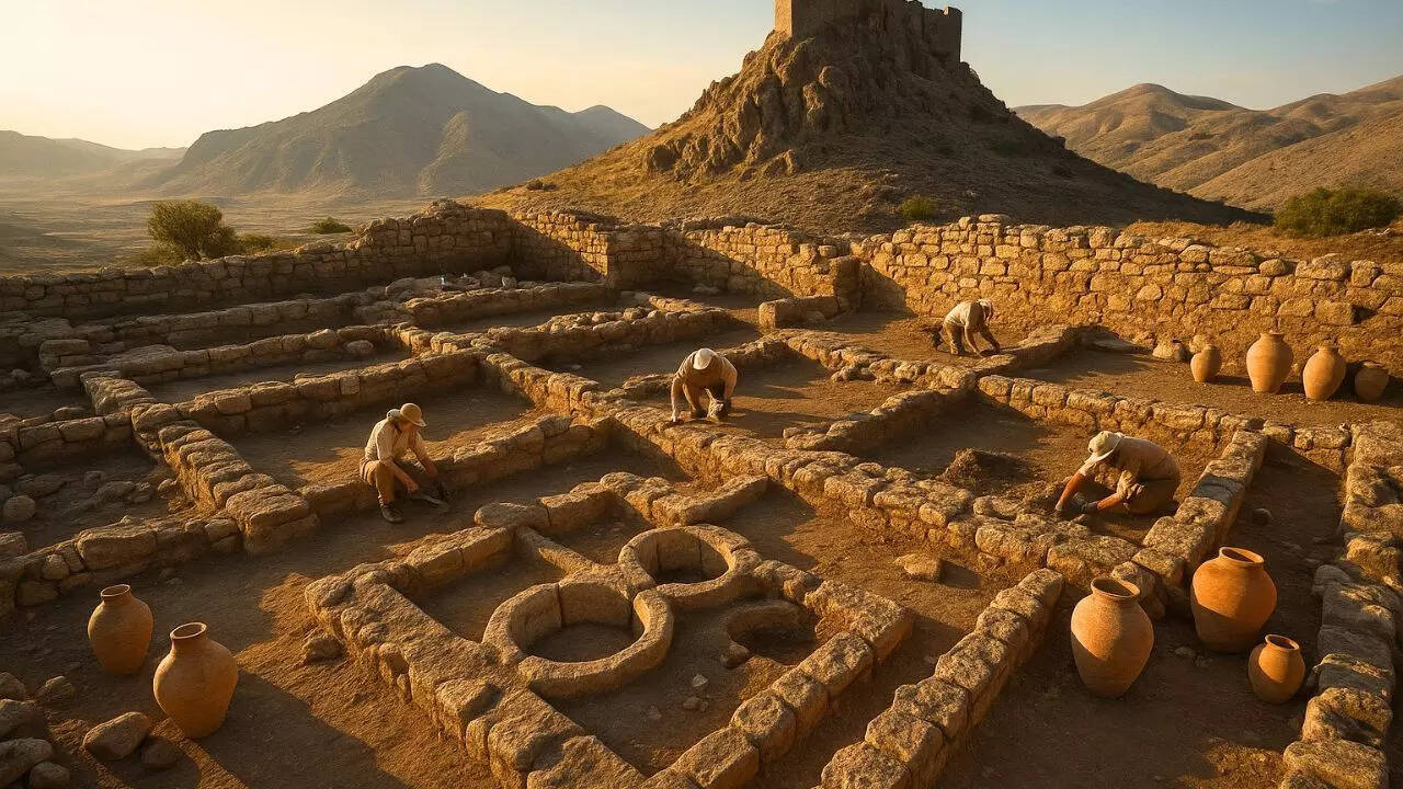 Representative AI image  Aerial view of an archaeological site near a mountain castle in Turkey, showing stone ruins, ancient grape-crushing basins, and clay jars under sunlight, archaeologists working carefully, cinematic lighting, realistic detail, 16:9 composition.