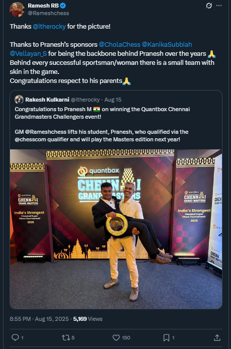 चेन्नई ग्रैंड मास्टर्स 2025 में अपने छात्र के जीतने के बाद आरबी रमेश की पोस्ट   आरबी रमेश की पोस्ट