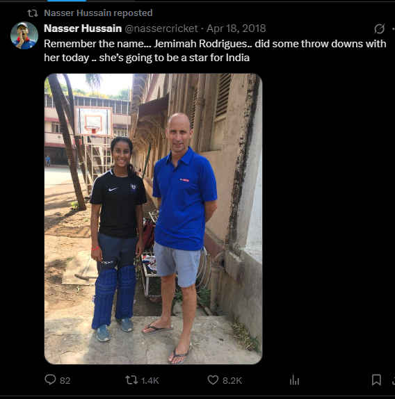Nasser Hussain's old post on X with a young Jemimah Rodrigues Screenshot 2025-10-31 155708