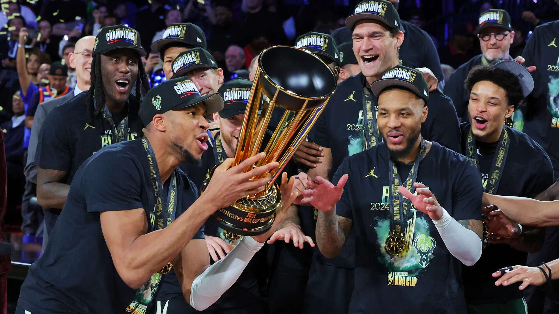 Giannis and Lillard with the NBA Cup Trophy (Image via Getty) Giannis and Lillard with the NBA Cup Trophy
