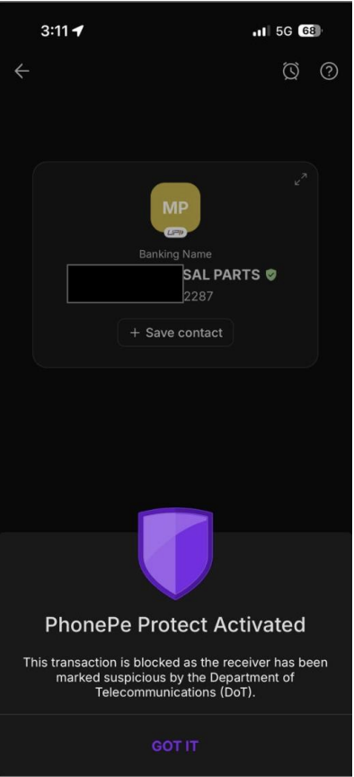 Screenshot of PhonePe Protect tool