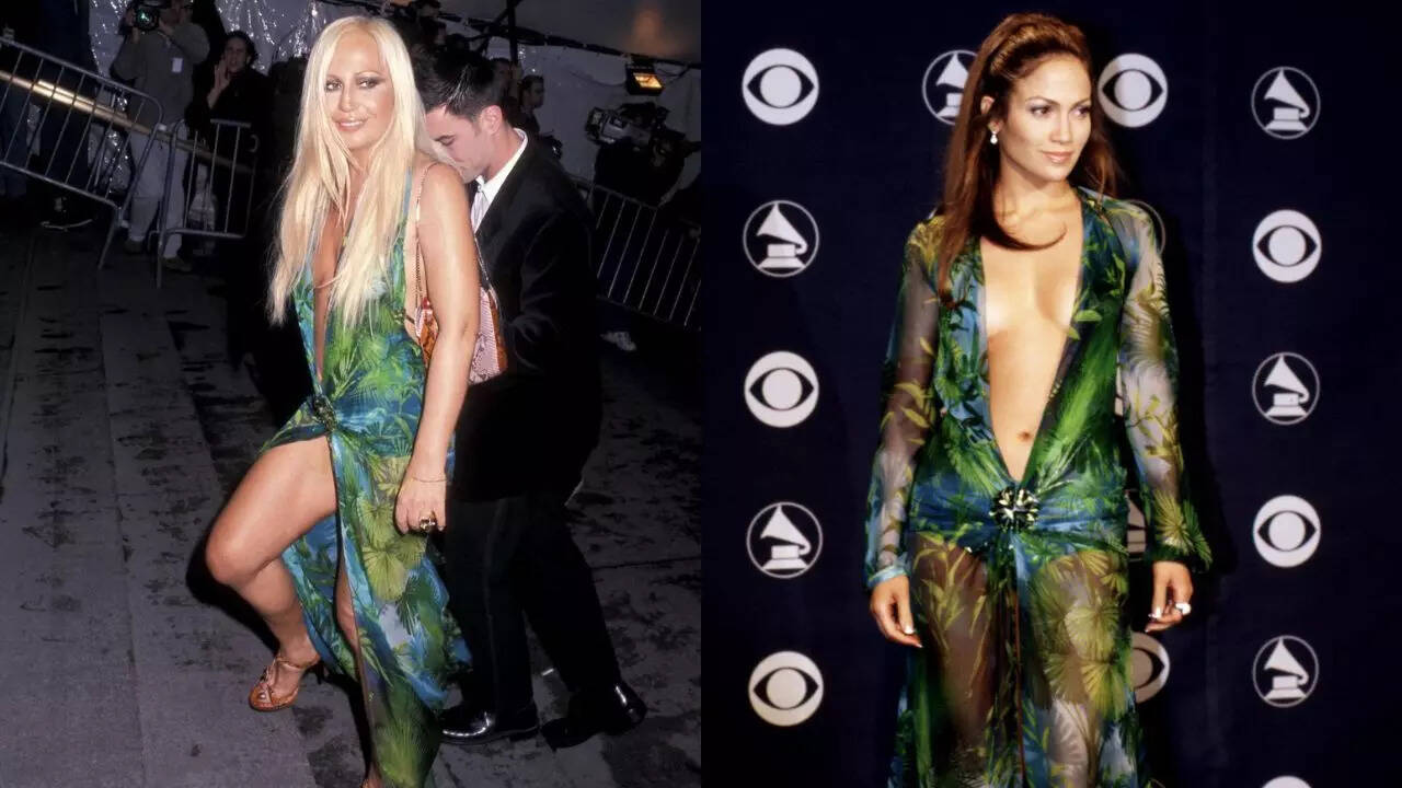 Donatella Versace and Jennifer Lopez in the iconic Versace Jungle Gown