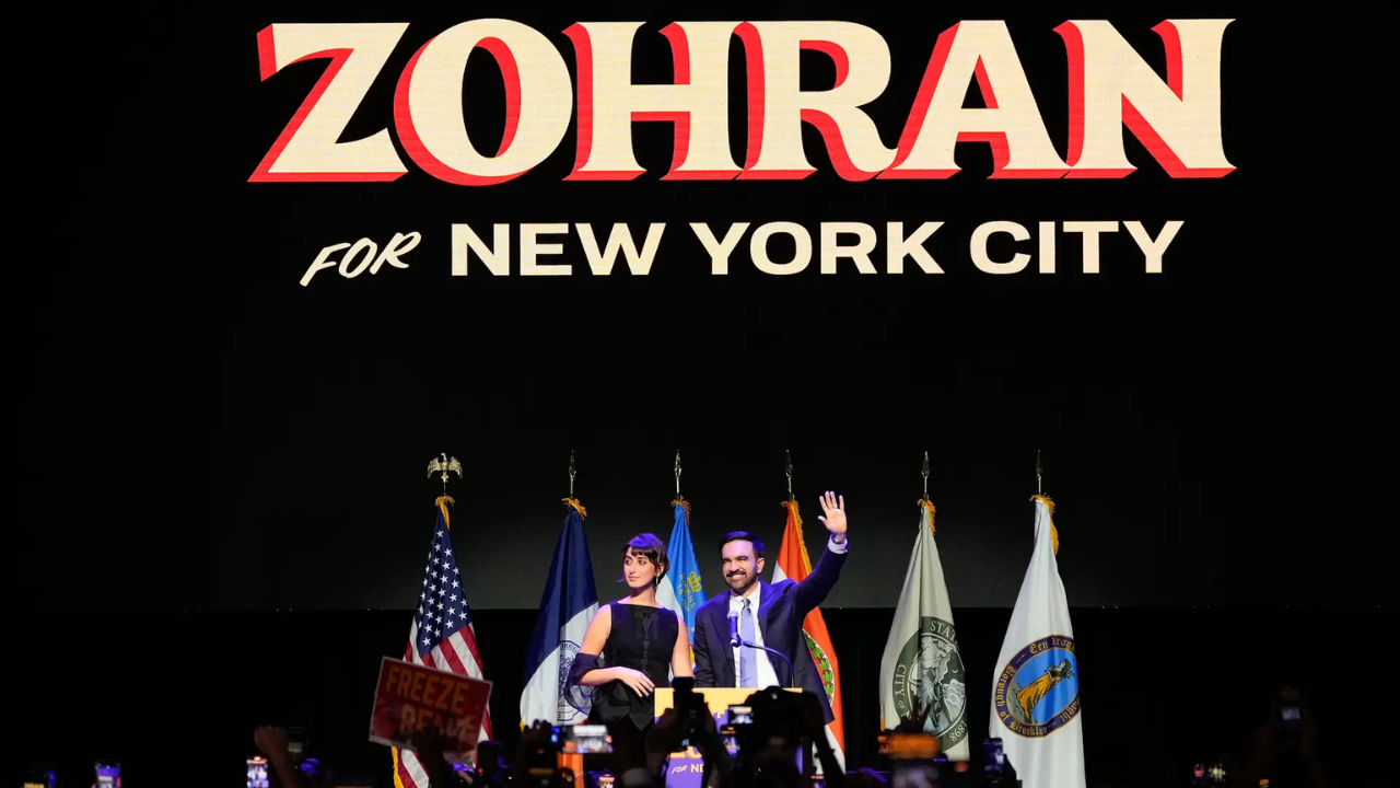 Mayor-elect Zohran Mamdani and his wife Rama Duwaji react to supporters during an election night watch party. (Pic credit: AP)