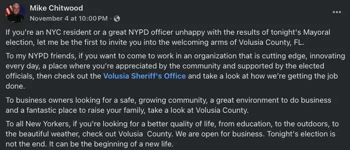 Florida sheriff invited New Yorkers and even offered jobs to NYPD officers.