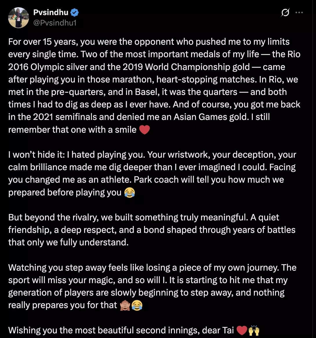 PV Sindhu shared an emotional tribute to Tai Tzu-ying. (Image: X) PV Sindhu
