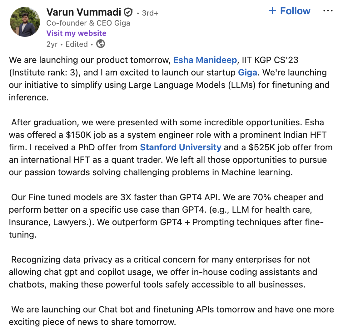 LinkedIn post made by Varun