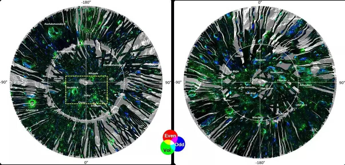 Figure: (Left) Optical and (Right) DFSAR Image of Peary Crater region in Lunar North Pole, from a section marked on the mosaic.