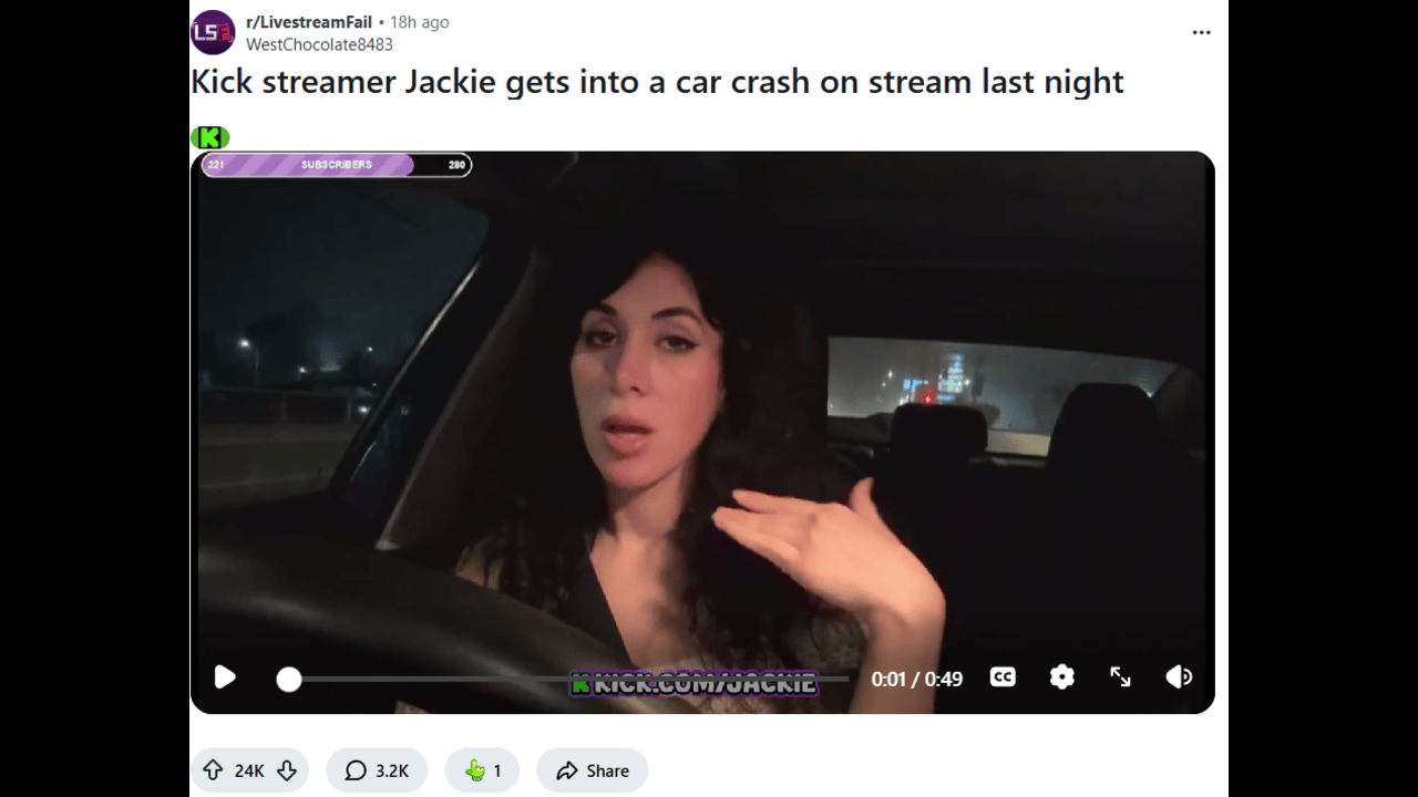 Image Via Reddit Kick streamer Jackie car crash video sparks backlash on Reddit and X