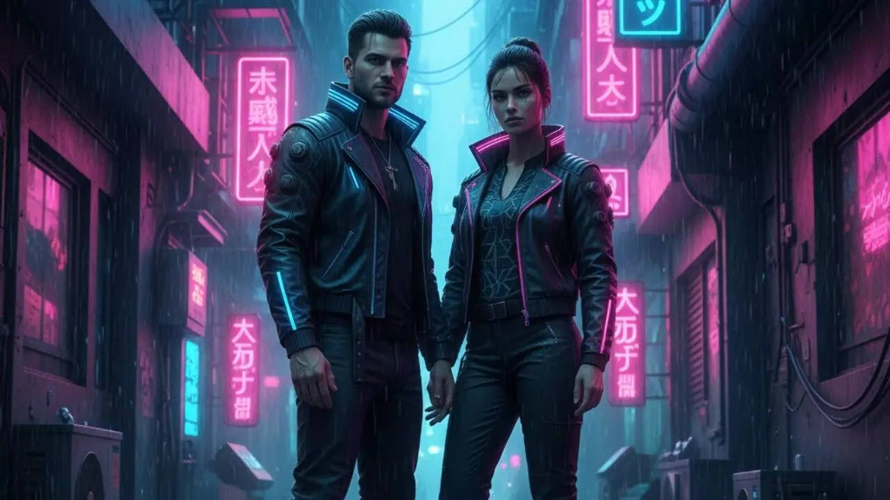 Futuristic cyberpunk couple's portrait