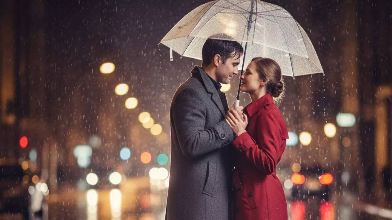 Rainy romantic couple portrait