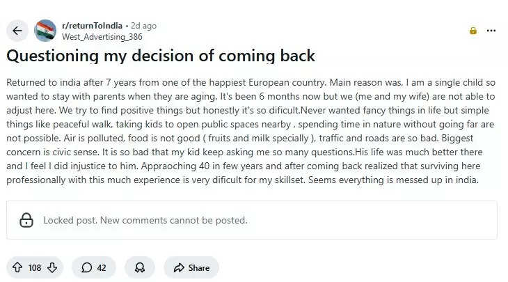 A Redditor made a controversial post about his experience of coming back to India after 7 years.