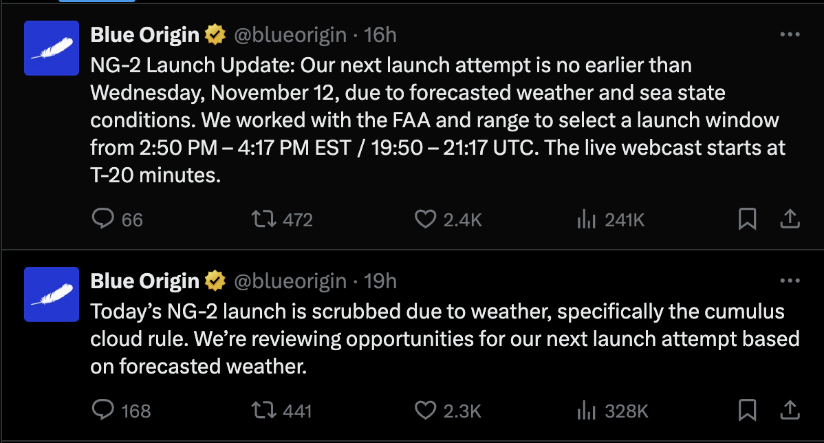 Blue Origin shares launch update on X