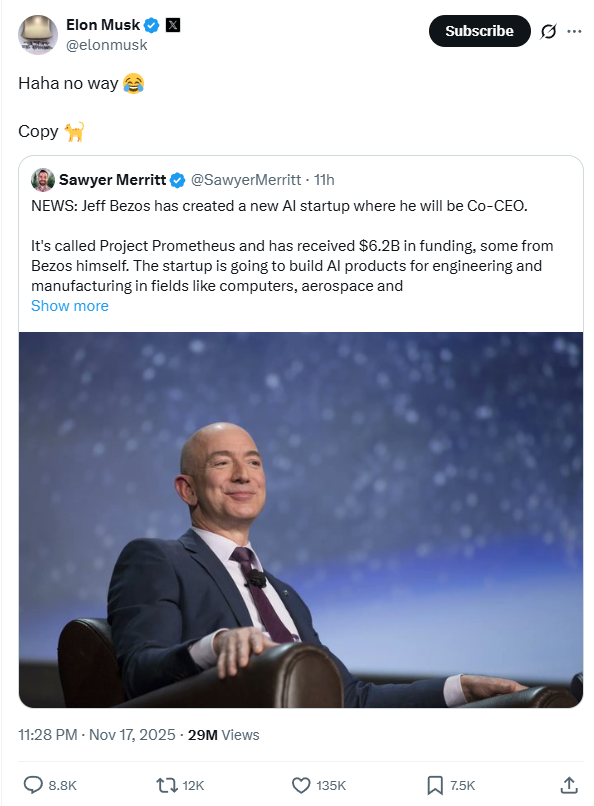 ​Elon Musk shares his reaction on X (formerly Twitter) as Jeff Bezos enters AI race​