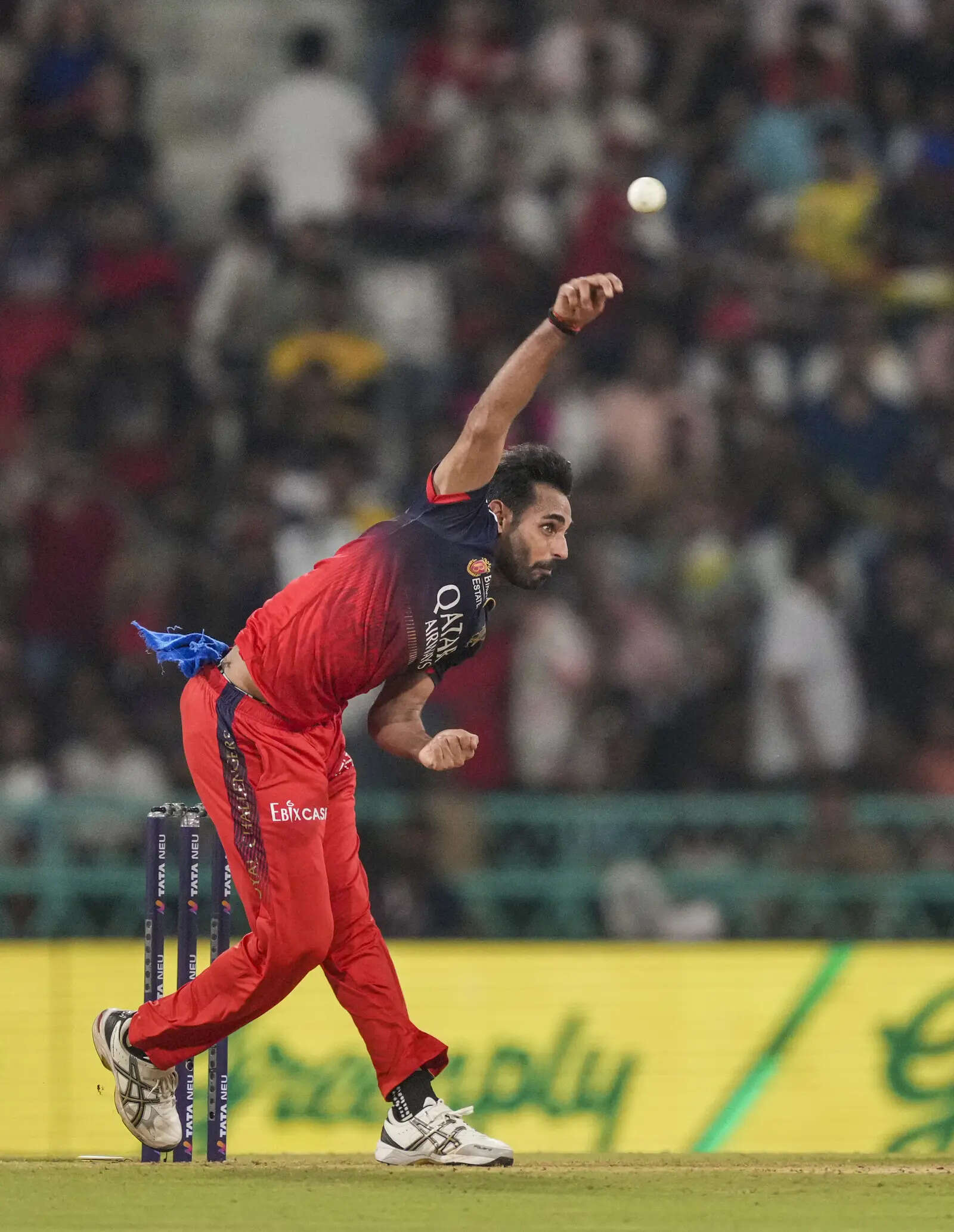 Lucknow: Royal Challengers Bengaluru's Bhuvneshwar Kumar bowls a delivery during...