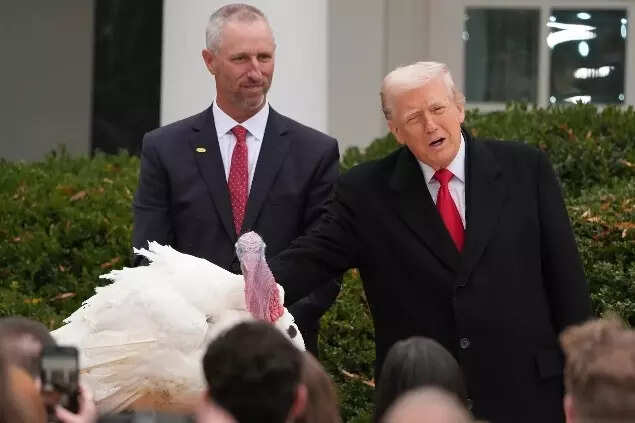 President Donald Trump stands next to the national Thanksgiving turkey during a pardoning ceremony
