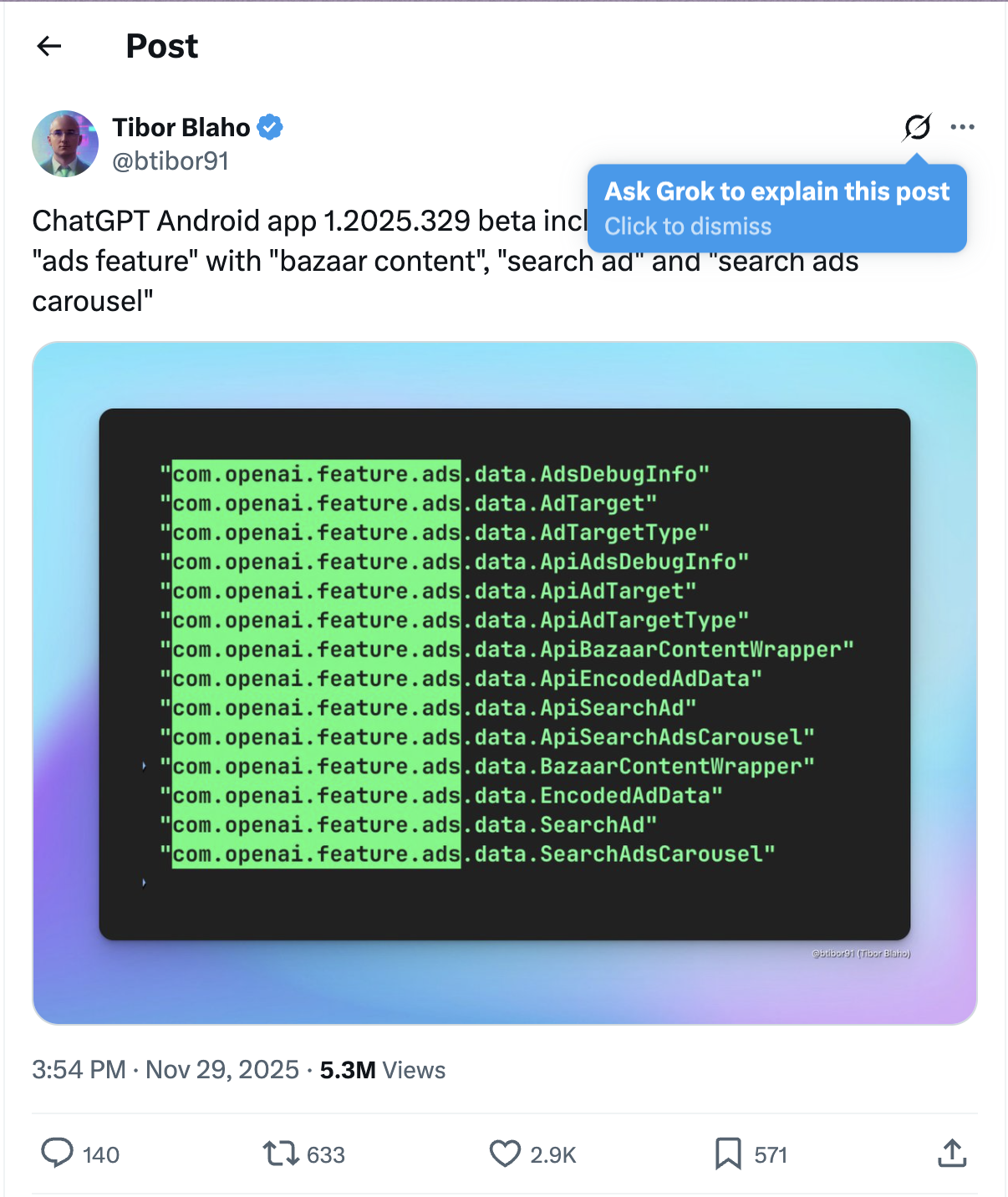 Engineer Tibor Blaho shows code references for ads in Android app of ChatGPT