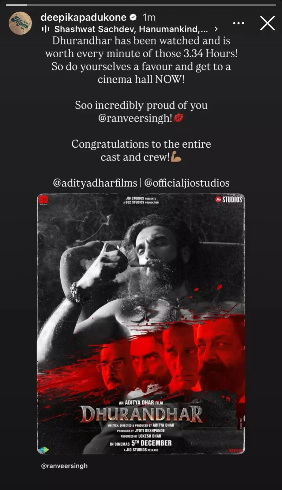 Deepika Padukone gushes over Ranveer Singh’s ‘Dhurandhar’