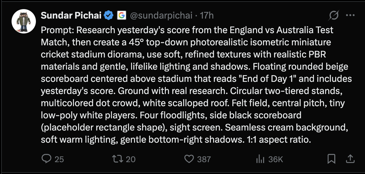 Google CEO Sundar Pichai shares detailed prompt to create miniature stadiums using Nano Banana Pro