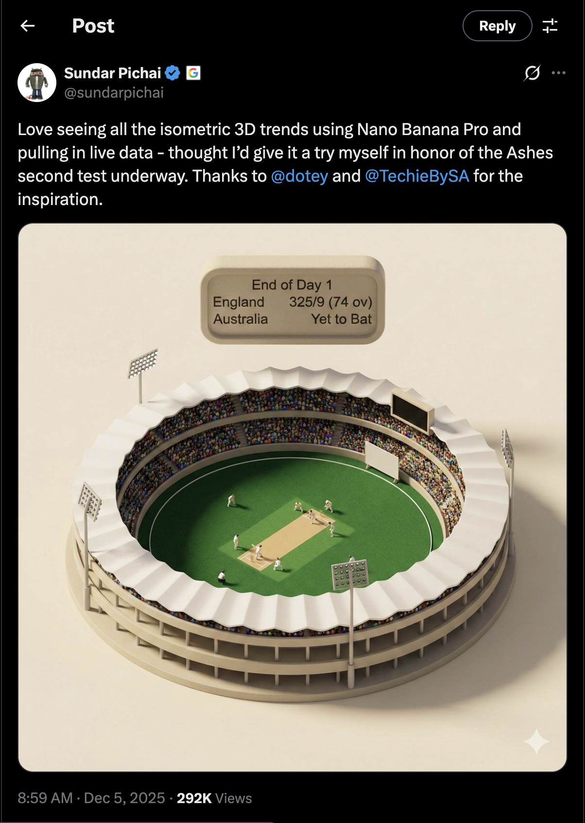 Sundar Pichai shares Nano Banana Pro version of End of Day 1 from England vs Australia Ashes Test Match