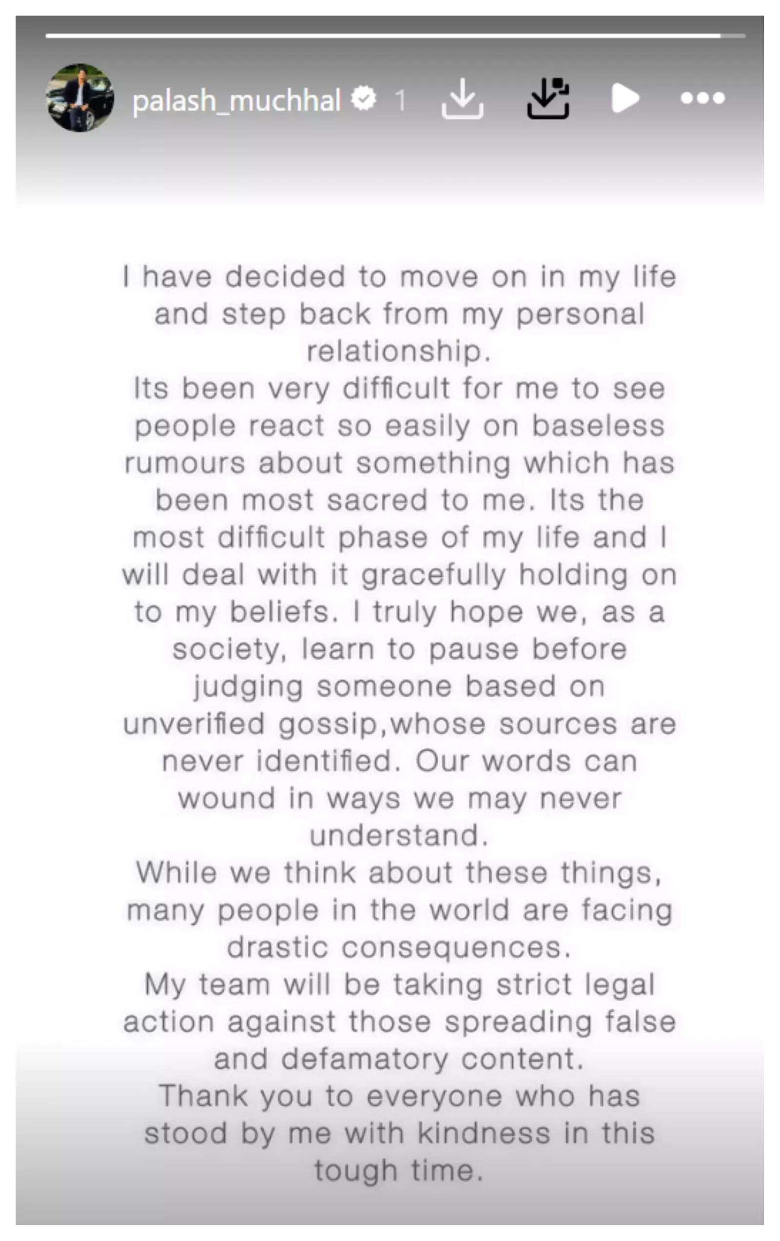 Palash Muchhal's statement