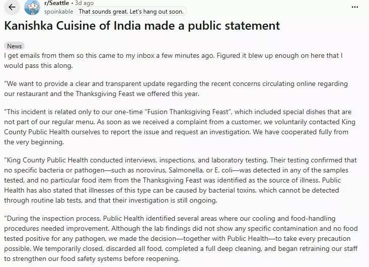 The purported statement of the Indian restaurant in Seattle is going viral on Reddit after over 40 people fell ill having their Thanksgiving special menu.