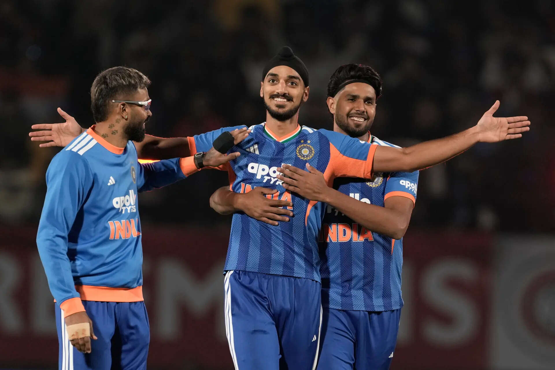 India's Arshdeep Singh, center, celebrates with teammates the wicket of South Africa's Reeza Hendricks (AP Photo/Ashwini Bhatia) India crushes South Africa to take 2-1 lead in T20 series
