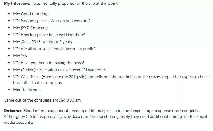 Redditor shares his visa interview at Chennai Consulate in India and the questions he was asked for social media vetting purpose that begins today.